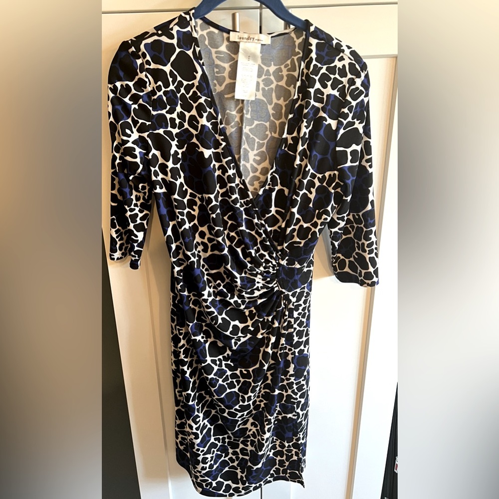 Laundry By Design Womens Wrap Dress Blue Leopard Print Stretch V Neck Petites 8P